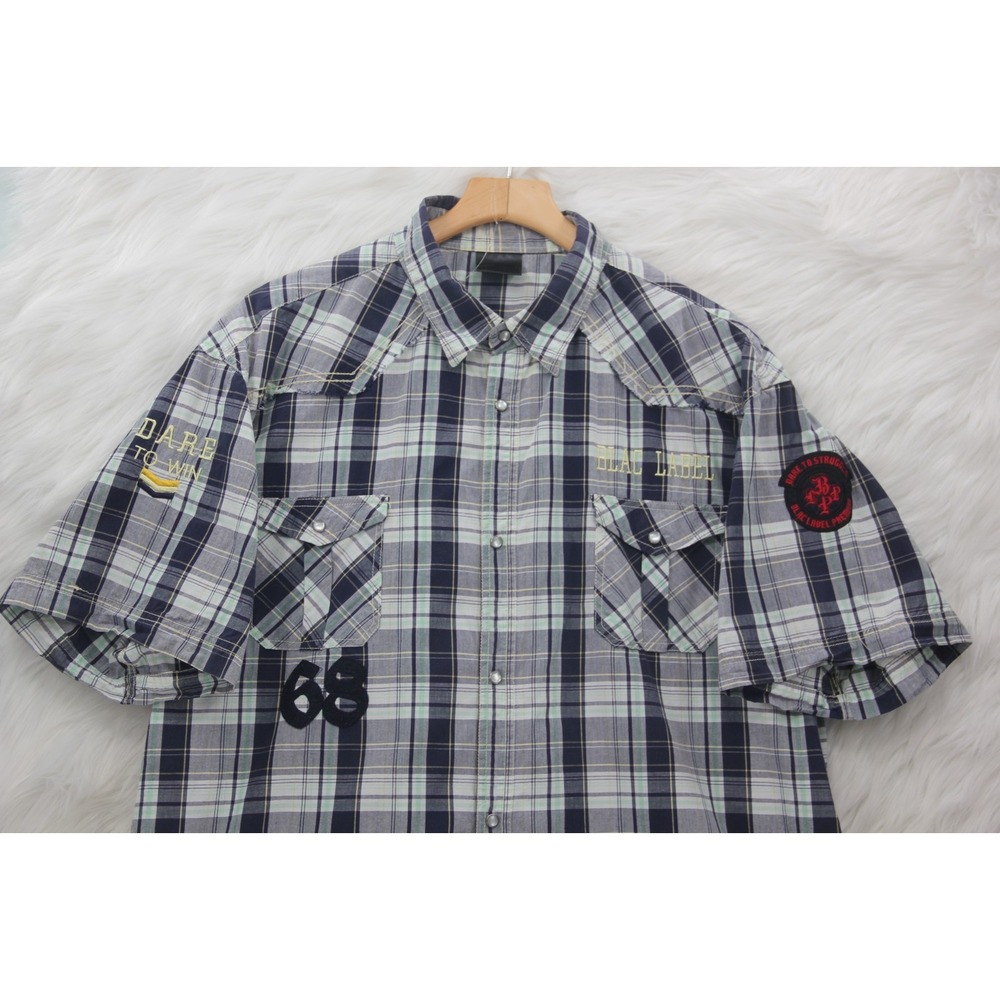 Vintage Blac Label Shirt Mens XL Plaid Pearl Snap Embroidered Y2K Skater Grunge